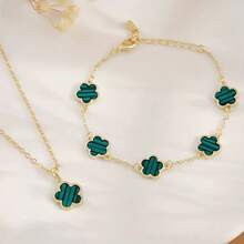Bộ trang sức hình cỏ bốn lá may mắn tinh tế - Mạ vàng 18K, khảm acrylic, vòng tay và mặt dây chuyền hình hoa bằng thép không gỉ 304L, món quà lý tưởng cho các cô gái và bạn bè, phụ kiện thời trang cho mọi dịp. - Bộ vòng tay và mặt dây chuyền hoa - Xem 4
