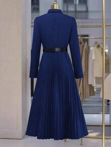 Women's Elegant Pleated Button-Down Long Sleeve Shirt Dress (Belt Not Included), Autumn Spring - Màu xanh nhạt - Xem 10