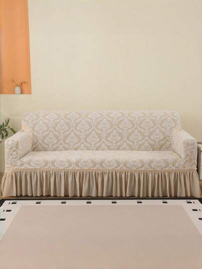 1pc Baroque Style Cationic Jacquard High Elasticity Sofa Cover With Skirt, Elastic Breathable Sofa Cover - Pet Friendly, Machine Washable - Polyester Fiber And Spandex Blend, Jacquard Fabric Suitable For 1 To 4 Seater Sofas