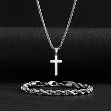 Gold/Silver Cross Jewelry Set - Braided Chain Necklace & Bracelet 2-Piece Set For Men/Women - Gold - View 4