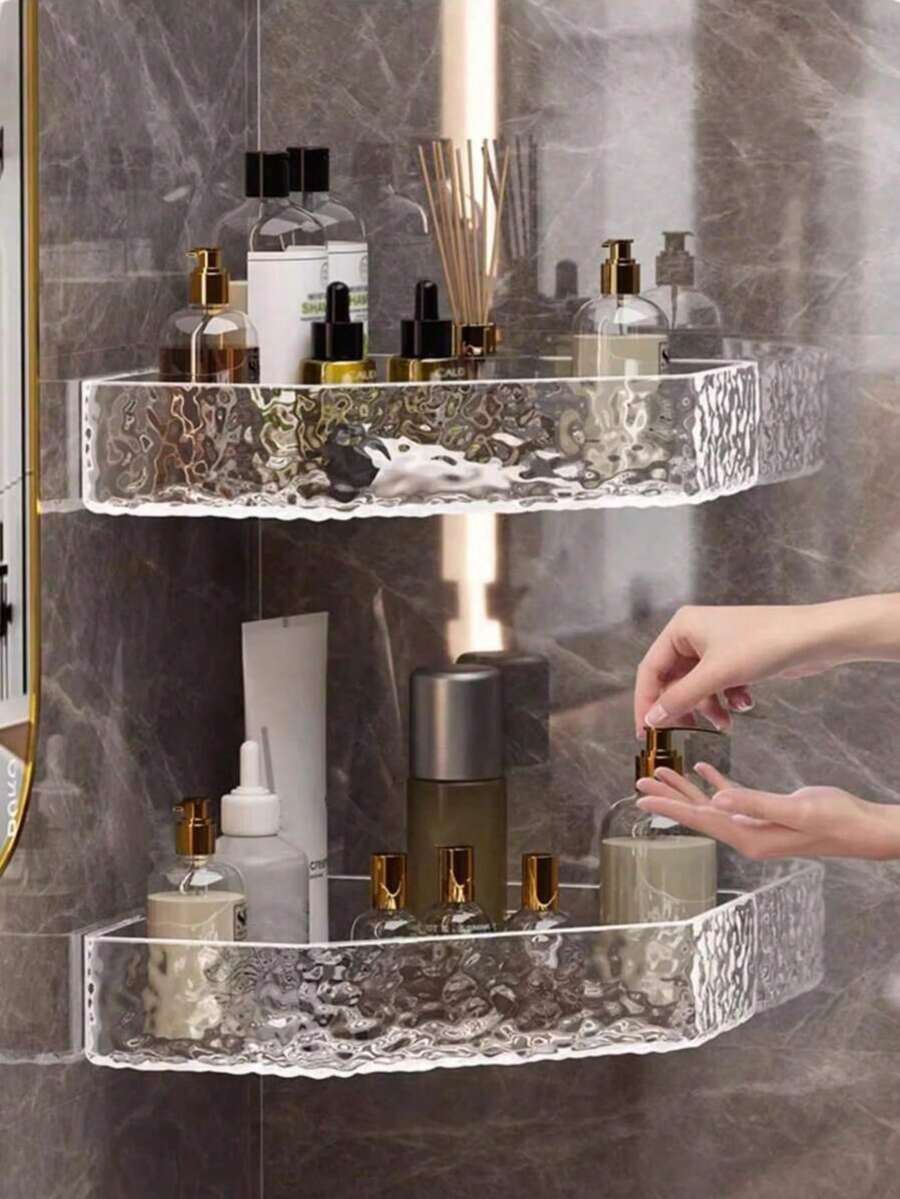Kệ tam giác treo tường không cần khoan cho phòng tắm, giá đựng đồ trang điểm. - Màu trắng trong suốt - Xem 1