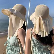 女士二合一沙滩遮阳帽，带面罩，可折叠宽檐夏季防紫外线帽，适合钓鱼、徒步、旅行、露营、度假等场合。 - A - 查看 13