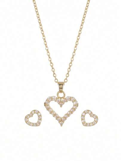 Bộ dây chuyền và bông tai hình trái tim rỗng đính đá Cubic Zirconia lấp lánh dành cho nữ, mặt dây chuyền hình trái tim nhỏ mạ vàng tinh tế kèm bông tai dạng đinh tán, món quà trang sức nhỏ nhắn lãng mạn dành cho nàng, mùa hè, trang sức.