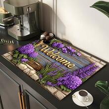 1pc Lavender Welcome Floral Print Absorbent Mat/Drying Mat For Coffee Maker, Dishes - Absorbent Polyester Desktop Protective Mat With Rubber Anti-Slip Pad, For Kitchen Counter Decor, Home Bar And Dining Table - Multicolor - View 5
