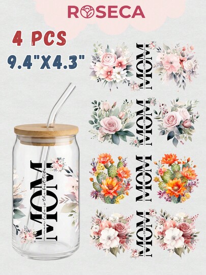 4pcs/Set Mom UV DTF Transfer Stickers Fit For 16oz Libbey Glass Cups (Size 9.4x4.3 Inch), No Heat Needed, Floral Sunflower Rose Lavender "Mom's Life Is The Best" Pattern, Retro Mom Letter Bow Heart Aesthetic, Waterproof Removable Stickers, Mother's Day Gift