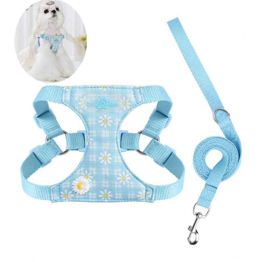 夏季可爱小型犬胸背带和牵引绳套装 - 蓝色格子雏菊图案，柔软轻便，可调节扣环，易于穿戴，透气网布，适合幼犬和小型犬
