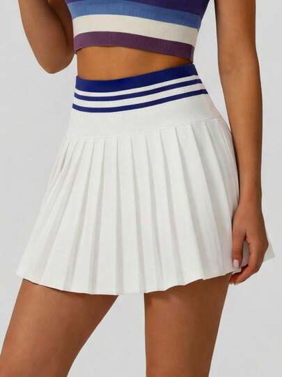 NcmRyu 1pc Women Striped Contrast Color Ribbed Elastic Waist Lined Shorts With Pockets & Tennis Skirt