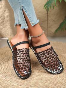 Fashionable Wide Mesh Woven Hollow Roman Sandals, Women's Flat Round Toe New Fisherman Mules - Black - View 5