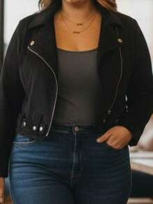 Premium Women's Plus Size Suede Jacket - Black - View 5