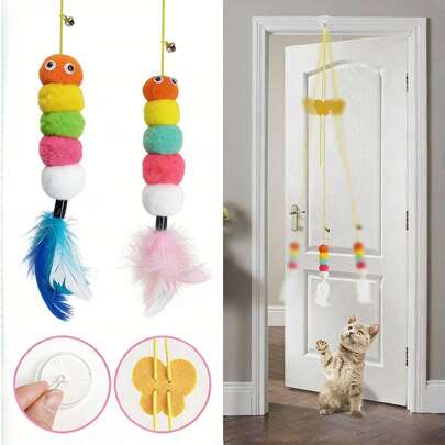 1pc Interactive Cat Sound Toys Set - Indoor Hanging Retractable Cat Toy, Spring Tug Toy For Cats, Door Hanging Self-Play Cat Wand With Realistic Feathers & Jingle Bells, Keeps Cats Happy & Active