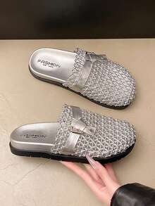 Dép xăng đan nữ bằng nhựa đính đá lấp lánh, kiểu dáng slip-on, thích hợp cho kỳ nghỉ hè. - Bạc - Xem 3