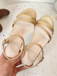Giày sandal quai mảnh màu vàng ánh kim cho bé gái | Quai ngang điều chỉnh được và gót vuông | Giày dạ hội tối giản - Vàng - Xem 4