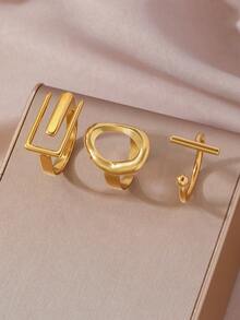 3枚18K镀金304不锈钢不对称椭圆形几何戒指，适合女性日常佩戴或作为礼物 - 金色 - 查看 10