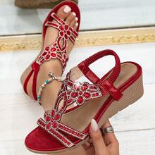 Women's New Platform Wedge Sandals - Vintage Rhinestone Elastic Band Bohemian Style Roman Shoes - Suitable For Vacation And Travel - Hot Pink - View 13