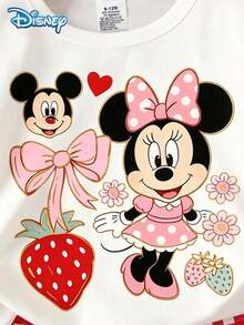Disney 迪士尼夏季女婴两件套可爱米妮草莓印花短袖T恤和短裤套装，休闲日常基础款女婴服装；蝴蝶结印花针织圆领短袖T恤，松紧腰格子裤，户外度假装 - 紅色 - 查看 6
