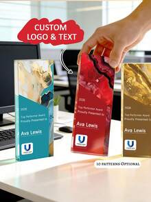 1pc Customized Logo & Text Marble Acrylic Trophy - 10 Personalized Business Award Medals, Customized Name & Company Acrylic Decor, Fluid Art Theme Trophy, Ideal Gift For Employee Recognition, Company Milestone And Business Events, Top Performer, Team And Corporate Client - Multicolor - View 3