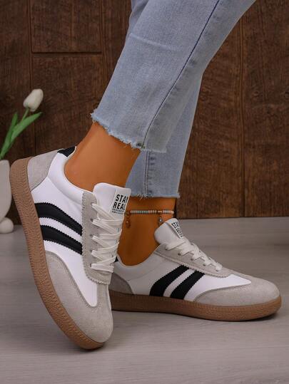 复古厚底运动鞋，白色鞋款，撞色设计，女士黑白复古经典低帮运动鞋 - 标志性条纹，轻便，厚橡胶鞋底，舒适女鞋，系带圆头休闲鞋，合成革鞋面，学生鞋，适合搭配牛仔裤、连衣裙，日常穿着，跑步鞋，运动鞋，女鞋，女士鞋，女士运动鞋，白色运动鞋