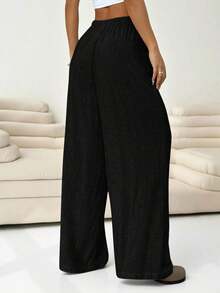 Solflare Plus Size Women Apricot Drawstring Waist Wide Leg Casual Pants Summer Pants,Business Casual Woman - 黑色 - 查看 2