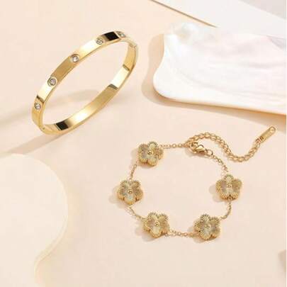 1 chiếc vòng tay hình cỏ bốn lá mạ vàng 18K thời trang dành cho nữ, một bộ vòng tay tình bạn xếp chồng và dây chuyền may mắn, quà tặng trang sức, phong cách thời trang nữ, phù hợp để đeo hàng ngày và làm quà tặng Ngày của Mẹ.