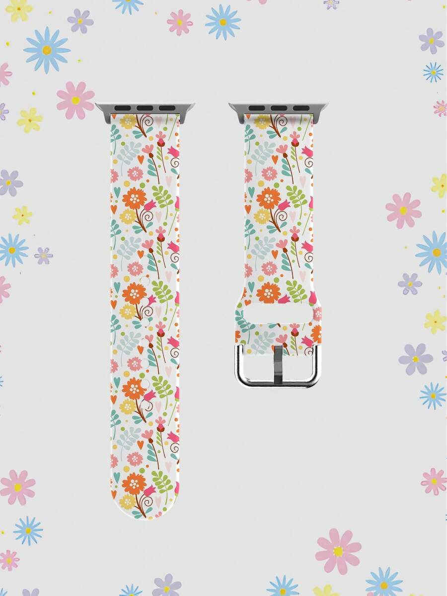 Green Leaf & Orange Floral Pattern Silicone Watch Band Compatible With Apple Watch 38mm 40mm 41mm 42mm 44mm 45mm 49mm, Fits Series Ultra/SE/8/7/6/5/4/3/2/1 - Multicolor - View 1