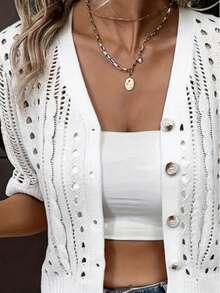 Women's Elegant Knit Sweater, Solid Color Hollow Knitwear, Ribbed Button Cardigan, Suitable For All Seasons, Daily Wear Vacation White Summer - White - View 2