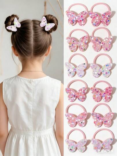 10pcs Multi-Color Glitter Butterfly Hair Scrunchies For Girls, Elastic Hair Bands For Kids Hairstyles And Daily Use