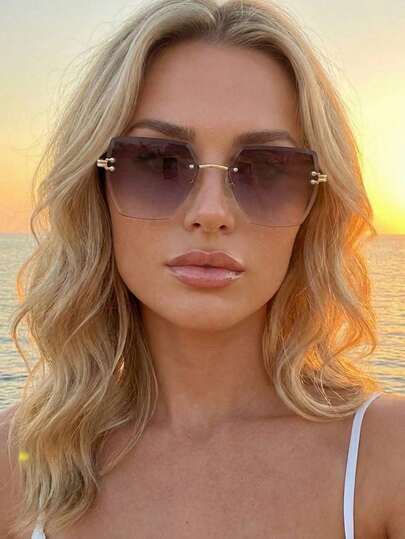 1 pieza Gafas de moda de mujer con montura metálica sin borde y esquinas cuadradas, diseño personalizado para uso al aire libre, uso diario, vacaciones, fotografía, accesorio de estilo