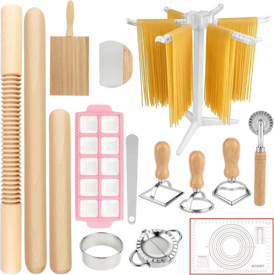 TREWAVE 15 Pcs Pasta Making Tools Set, Homemade Pasta Making Kit Includes Ravioli Maker Mold, Gnocchi Board, Pasta Drying Rack, Red Pastry Mat And Rolling Pin For Beginners &Amp; Home Chefs - Black - View 1