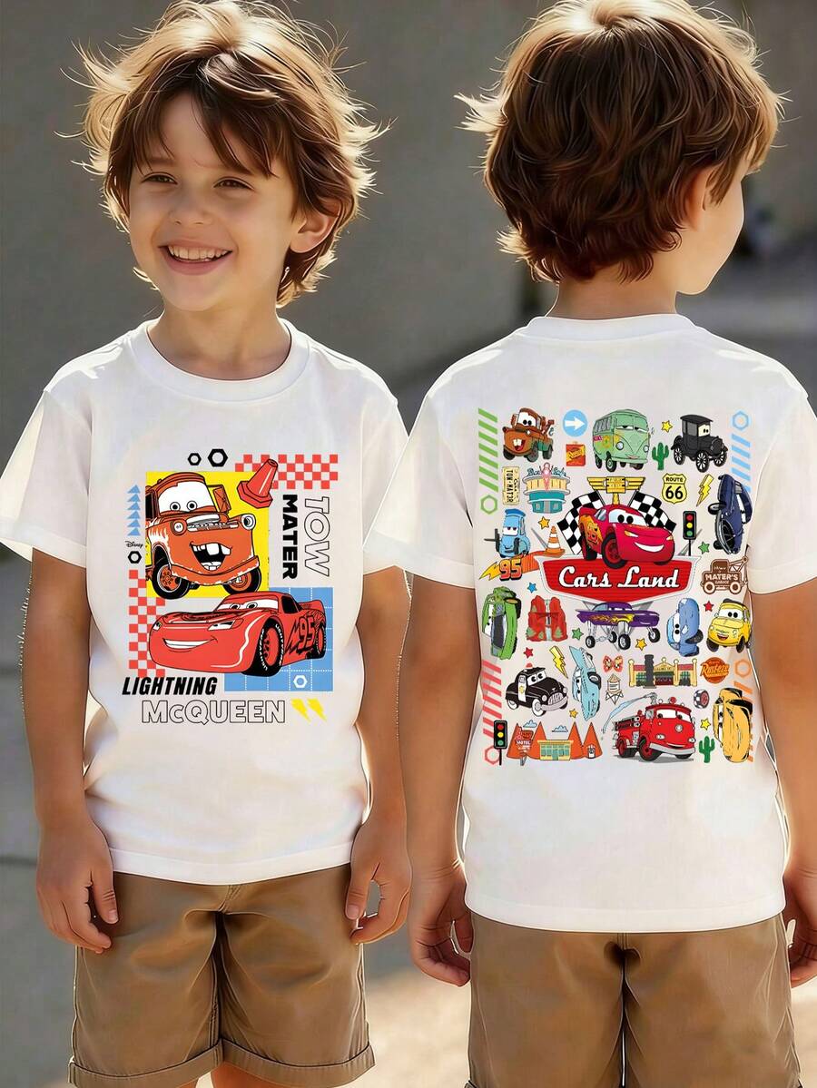Disney 'Cars' Lightning McQueen And Tow Mater Racing Character Pattern Summer T-Shirt, Suitable For Boys And Girls To Wear For Holiday Parties, Dinners, Outdoor Play, Travel, And As A Children's Gift For Visiting Disneyland. - 白色 - 查看 1