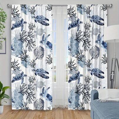 2pcs/Set, Multi-Color, Sea Turtle & Coral Pattern, Ocean Style, Flat Print Curtain, 100% Polyester Fabric, Rod Pocket Flat Print 2 Pieces Curtain Set, Unlined, 90gsm, Width 180cm, Suitable For Bedroom, Living Room, Dining Room, Bathroom And Outdoor Windows