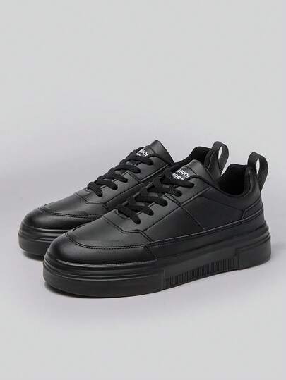 男士纯黑色系带经典滑板鞋/圆头户外运动鞋，春夏款