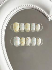 10pcs Square & Round Shaped Floral Plaid Nail Stickers, Fresh Countryside Style, Featuring Floral & Plaid Patterns, Hand-Painted Refreshing & Contrasting Craftsmanship, Suitable For Young Girls & Women, Applicable For Daily Commute, Picnic, Date And Gentle Gatherings, Comes With Jelly Gel And Nail File - Yellow - View 3