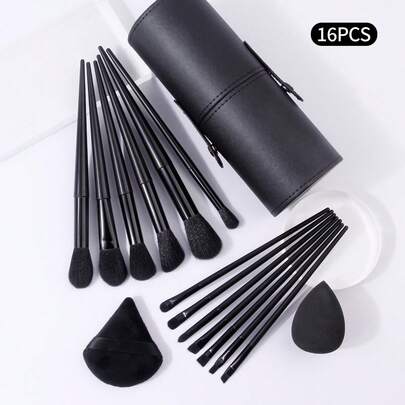 16件套黑色化妆刷套装，含化妆包、塑料手柄，简约风格化妆刷，多功能便携化妆工具，家用户外男女通用