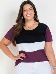 Women's Plus Size Tricolor Short-Sleeve Blouse, Casual T-Shirt With Round Neck - Burgundy - View 8