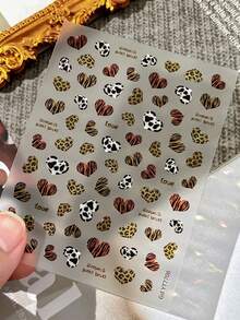 1pc Glossy Jelly Leopard Print Heart Nail Stickers, 5D Embossed Tiger Cow Pattern Self-Adhesive Nail Decals - Multicolor - View 2