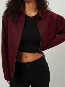 Women's Turndown Collar Long Sleeve Short Jacket, With Pockets, Woven Fabric, Non-Stretch, Wine Red - Burgundy - View 2