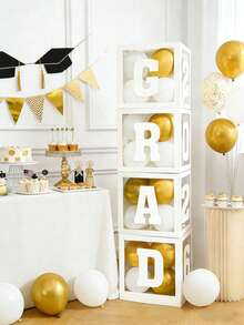 1 Set 2026 Graduation Party Decorations - White Balloon Box With "GRAD & 2026" Letters, Transparent Graduation Balloon Blocks With Letters, 2026 Graduation Class DIY Balloon Box, High School/College Graduation Supplies, Gold & White Graduation Photo Props For Indoor/Outdoor Decor - White - View 5