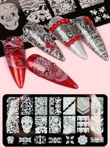 2 Pieces Set Of Elegant Lace Nail Print Board, Including Lace Lace, Crown, Floral Pattern Nail Template, Stainless Steel Nail Hot Stamping Board, DIY Nail Tools - Silver - View 9