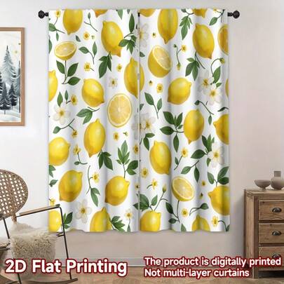 2 PIEZAS Cortinas con Flores de Limón - Cortinas de Estilo Moderno con Rodajas de Limón y Patrones de Plantas Verdes, Adecuadas para Salas de Estar, Dormitorios y Cocinas - Material de Poliéster Lavable a Máquina, Sin Accesorios Necesarios - Decoración del Hogar de Moda, Impresión Brillante, Diseño Gráfico, Decoración de Interiores Moderna, Impresión Plana 2D