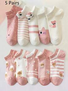 1/5/10双装 女士低帮可爱卡通猫图案休闲日常学生风短袜 - 粉色 - 查看 8