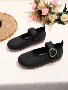 1 Pair Black Plus Size Girls' Flat Shoes, Solid Color Soft Fabric With Glitter, Side Rhinestone Decor, Classic Shallow Design, Round Toe Soft Sole Comfortable Casual Princess Shoes, Suitable For 3-12 Years Old Daily, Party, Stage, Travel, Indoor/Outdoor Wear, Spring/Summer New Arrival - Black - View 6