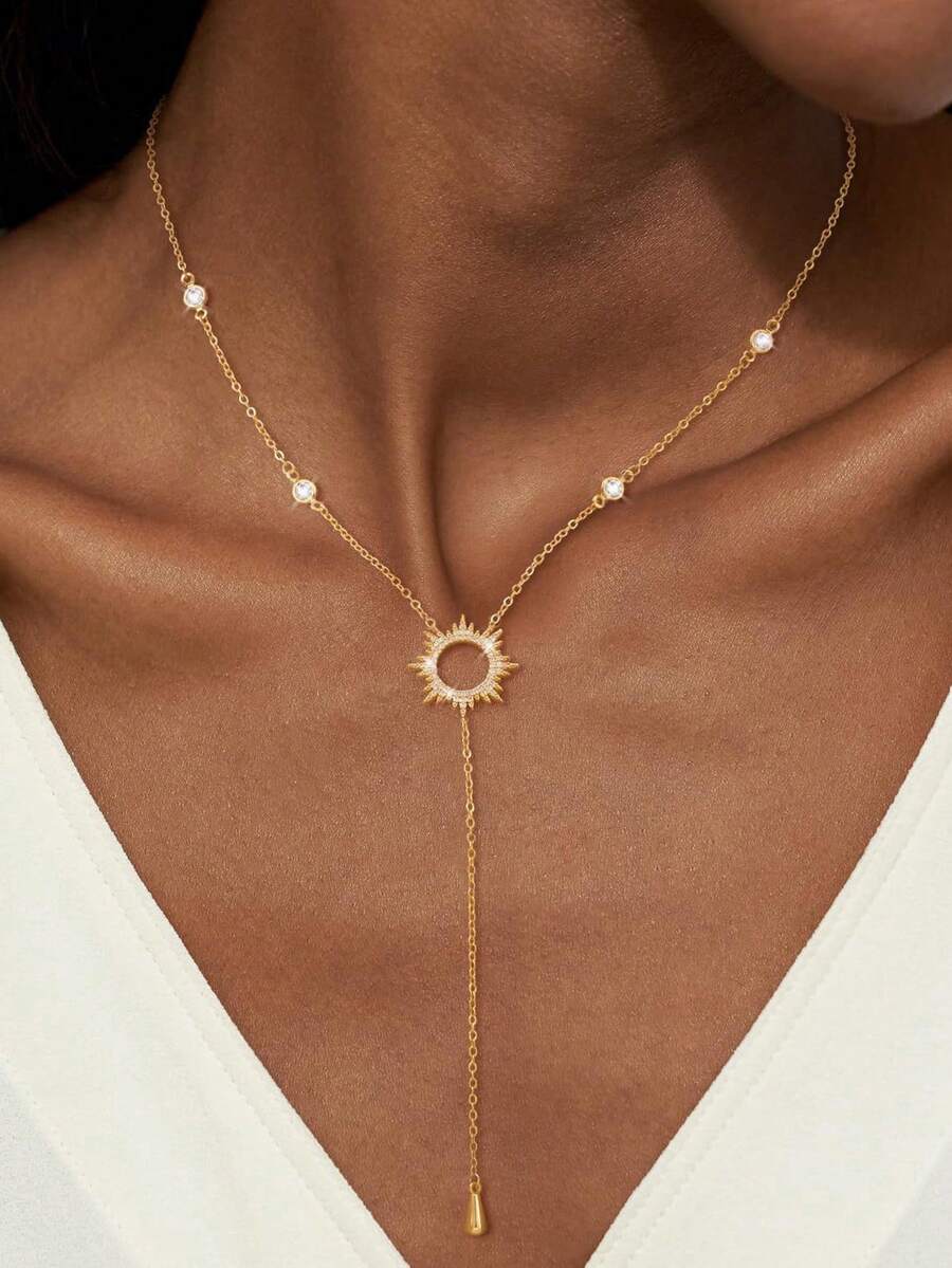 1 chiếc vòng cổ chữ Y bằng thép không gỉ mạ 18K thời trang tối giản hình hoa hướng dương - Vàng - Xem 1