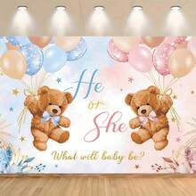 1 Gender Reveal Party Backdrop Banner - Cute Teddy Bear With Blue And Pink Balloons, 'He Or She' Text, Suitable For Indoor/Outdoor Use, Perfect For Photo Background And Event Planning - Multicolor - View 2