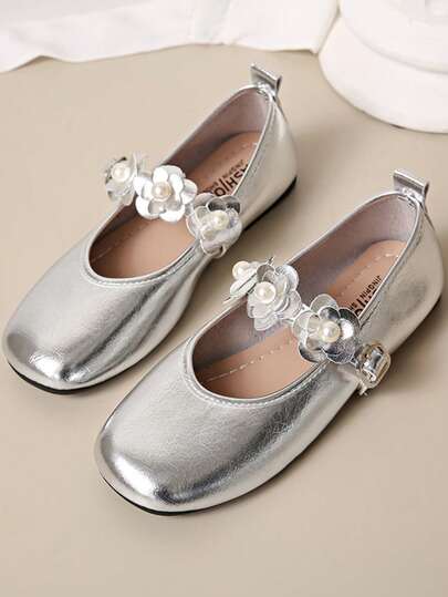 Sapatos Planos Simples de Moda Versátil e Fofos, Adequados para Adolescentes, Crianças, Estudantes, Meninas, Crianças Pequenas, Crianças Médias, Irmãs, Estilo Escolar, Mocassins, Salto Baixo, Mary Janes, Sapatos, Crianças Grandes, Sapatos Femininos, Material Macio, Sola Macia, Cerimônia, Atividades, Balé, Sapatos de Dança, Pérola, Flor, Prata