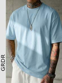 GRDR Men's Fashionable Minimalist Solid Color Crew Neck Short Sleeve T-Shirt, Suitable For Casual Daily Wear - Baby Blue - View 6
