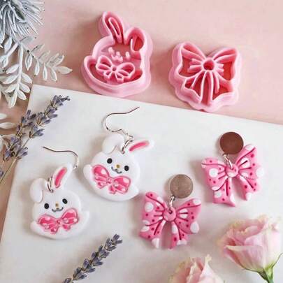 Bộ khuôn cắt đất sét hình thỏ và nơ dễ thương, khuôn cắt đất sét polymer, dụng cụ thủ công tự làm đồ trang sức bằng đất sét cho lễ Phục sinh.