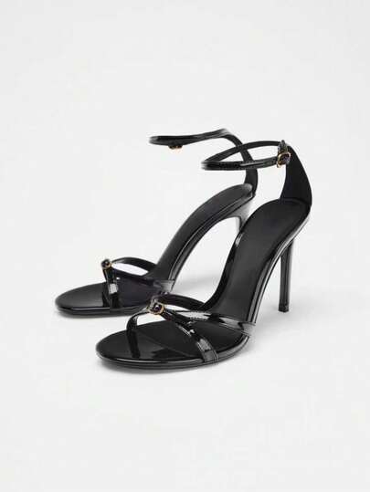 Women's Fashion High Heel Sandals, 2026 Spring/Summer New Black Buckle Decor Patent Leather Effect Open Toe One-Strap High Heel Shoes