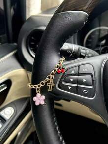 1pc Sweet Cherry Blossom Alloy Flower Cross Decor Chain, Car Steering Wheel Interior Decoration - A - View 12