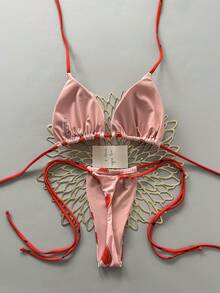 Conjunto de bikini sexy con estampado de sandía, escote halter y lazos para mujer, ideal para playa en verano - Multicolor - Ver 4