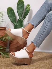 Plus Size European And American High Heel Peep-Toe Sandals Women 2026 Thick Bottom Wedge Peep-Toe Strap Buckle Linen Bottom Slippers - White - View 3